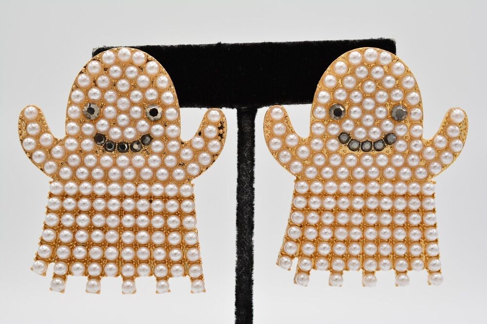 Ghost Emoji Earrings Halloween Happy Chunky White Dangle Gold Tone BinAI